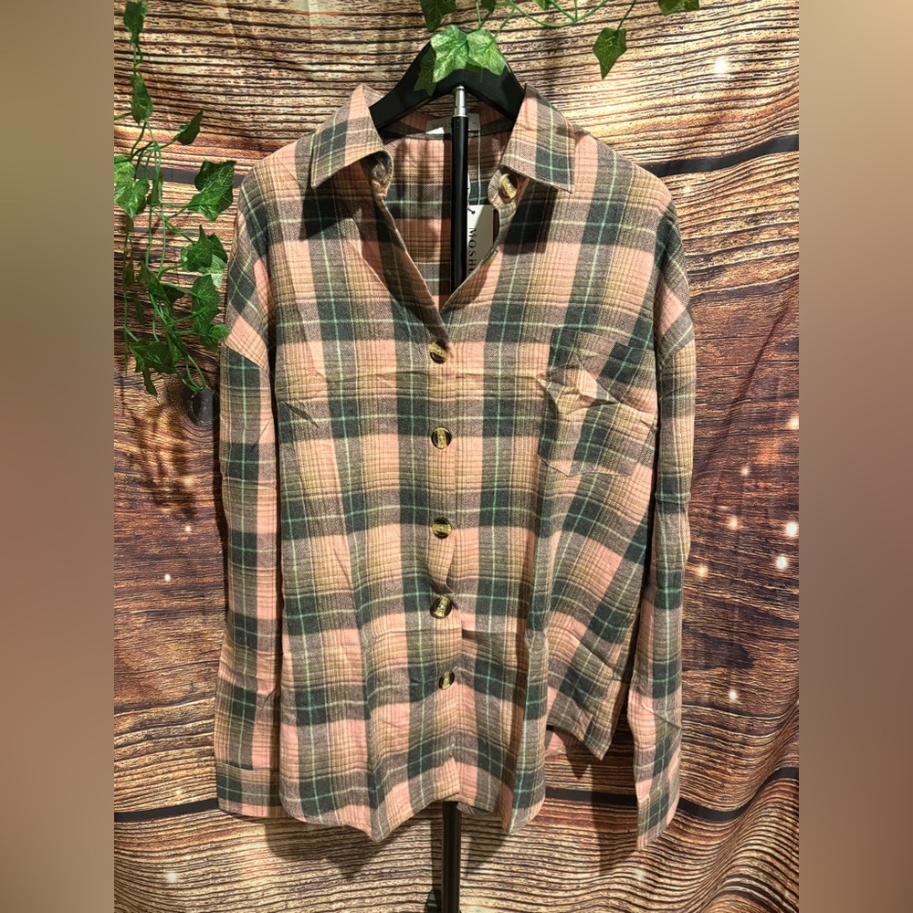 Plaid Button-Up Shirt in Pink and Green - Picture 2 of 5